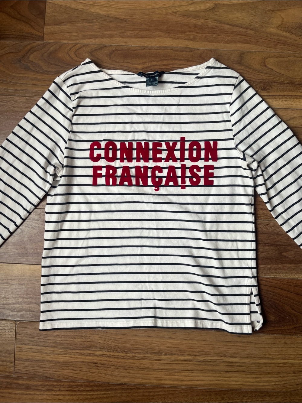French Connection Navy and White Striped Tee with Red Accent Small Longsleeve